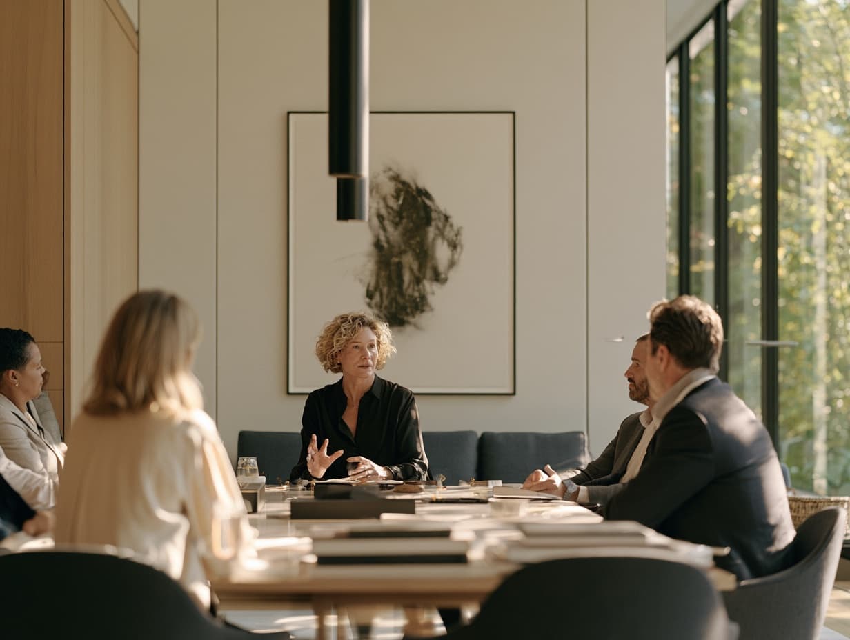 Advisors in conversation with clients around a boardroom table