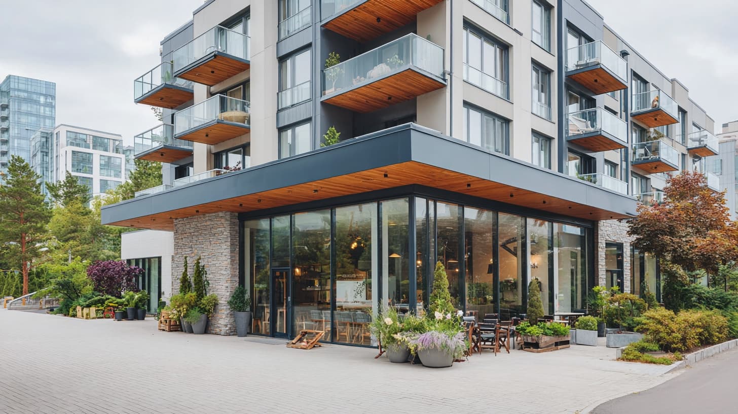 A contemporary mixed-use commercial building
